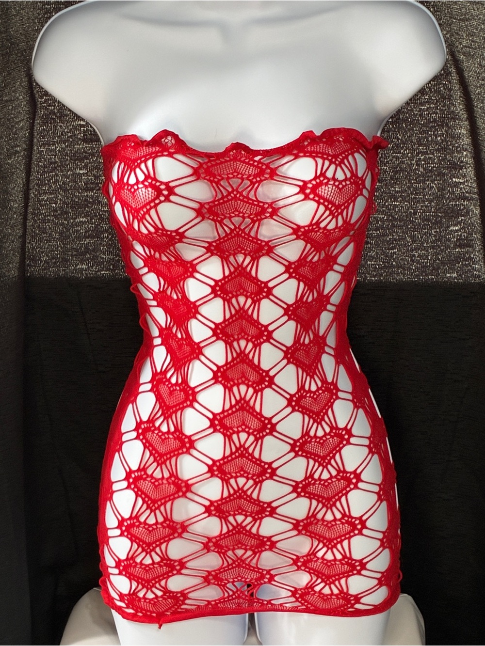 Yandy Red Lace Fishnet Strapless Chemise Mini Dress